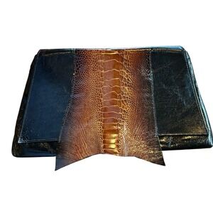 Kemestry Black Patent Leather Ostrich‎ Skin Accent Clutch Evening Handbag